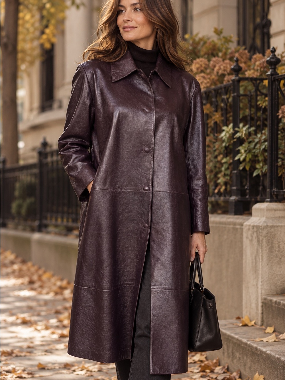 Anne Klein Women’s Burgundy Leather Long Overcoat Lined Snap Front Size L